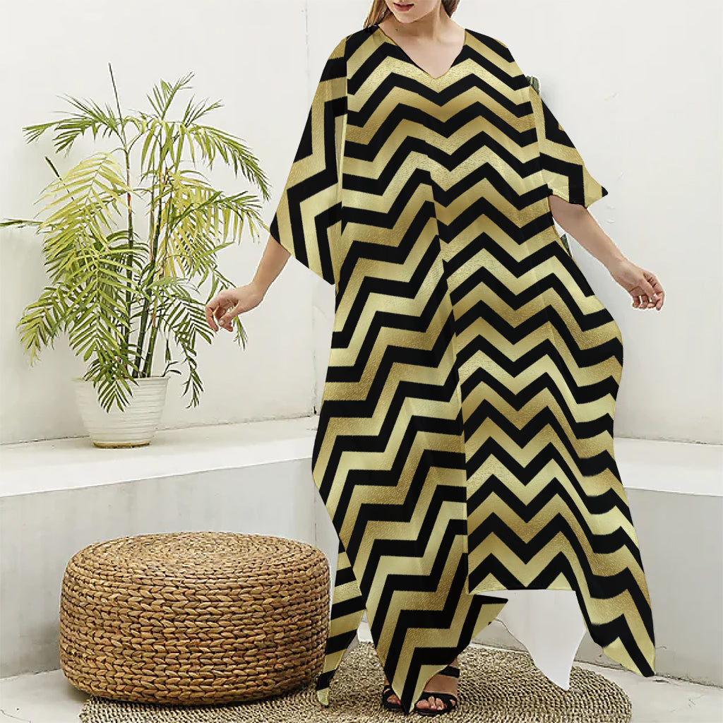 Gold And Black Chevron Pattern Print Silk V-Neck Kaftan Dress