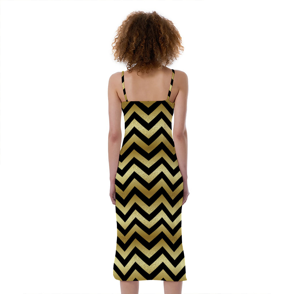 Gold And Black Chevron Pattern Print Slim Fit Midi Cami Dress