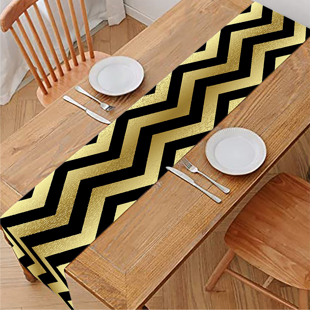 Gold And Black Chevron Pattern Print Table Runner