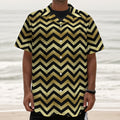 Gold And Black Chevron Pattern Print Textured Short Sleeve Shirt