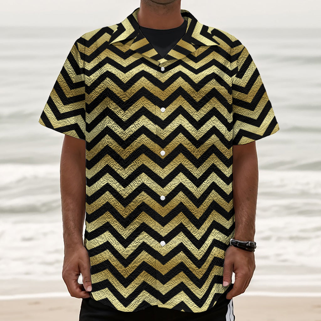 Gold And Black Chevron Pattern Print Textured Short Sleeve Shirt