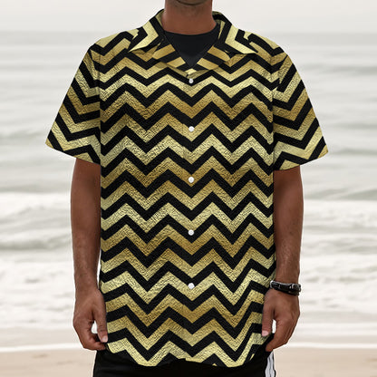 Gold And Black Chevron Pattern Print Textured Short Sleeve Shirt