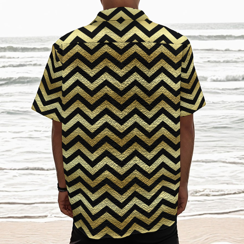 Gold And Black Chevron Pattern Print Textured Short Sleeve Shirt