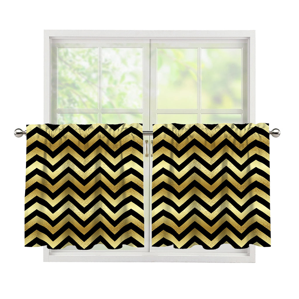 Gold And Black Chevron Pattern Print Tier Curtains