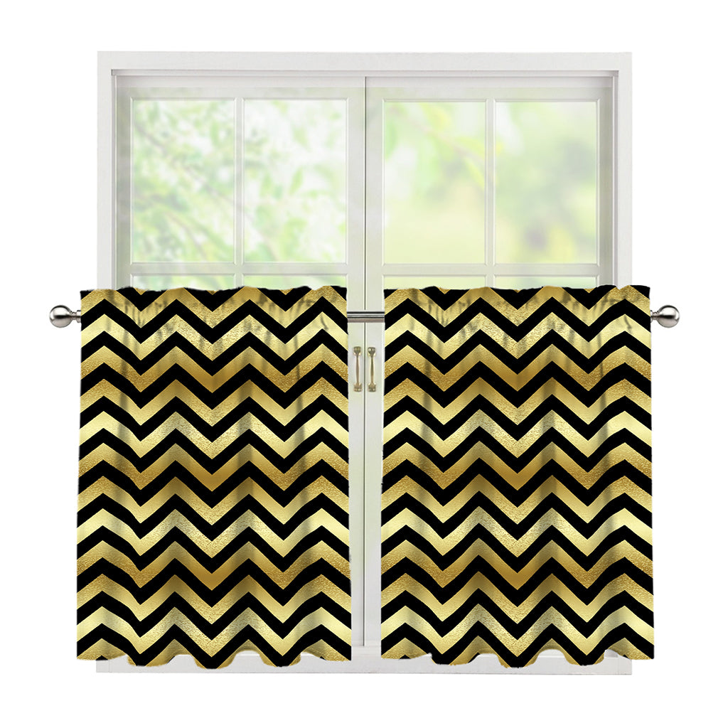 Gold And Black Chevron Pattern Print Tier Curtains