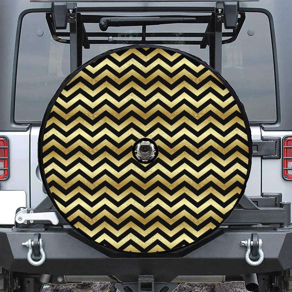 Gold And Black Chevron Pattern Print Tire Cover With Camera Hole