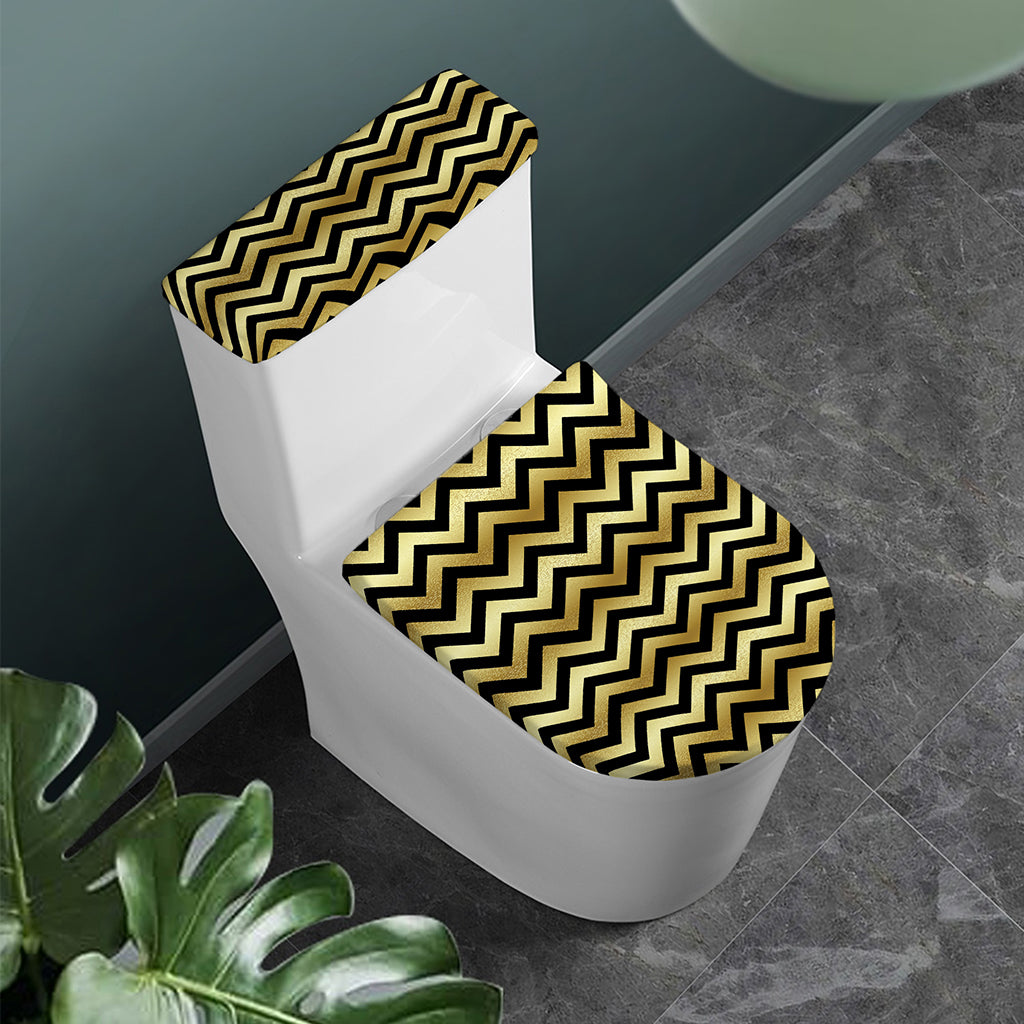 Gold And Black Chevron Pattern Print Toilet Lid And Tank Cover Set