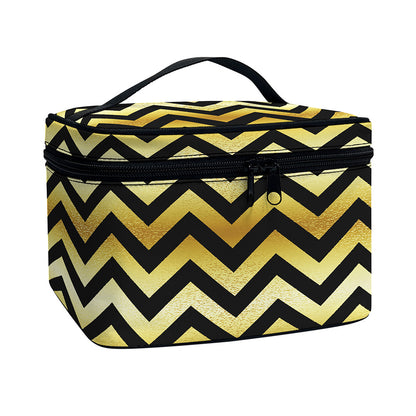 Gold And Black Chevron Pattern Print Travel Makeup Bag
