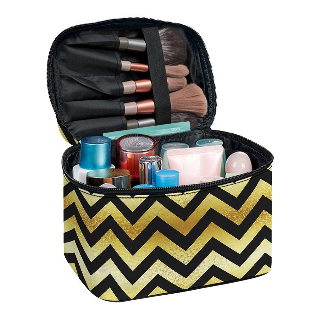 Gold And Black Chevron Pattern Print Travel Makeup Bag