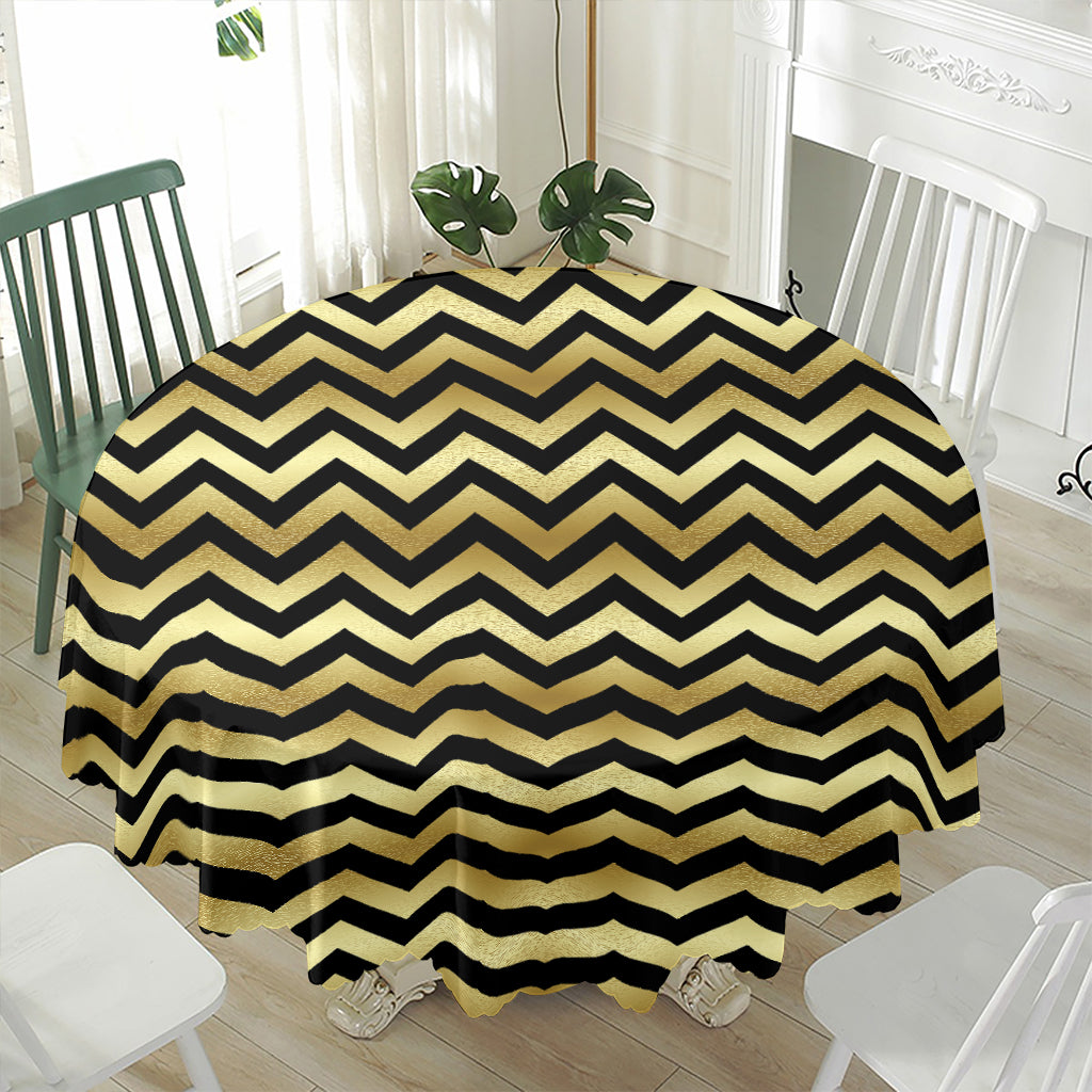 Gold And Black Chevron Pattern Print Waterproof Round Tablecloth