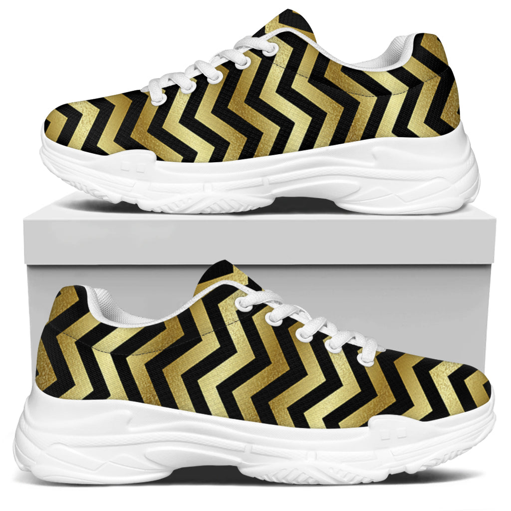 Gold And Black Chevron Pattern Print White Chunky Shoes