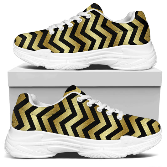 Gold And Black Chevron Pattern Print White Chunky Shoes