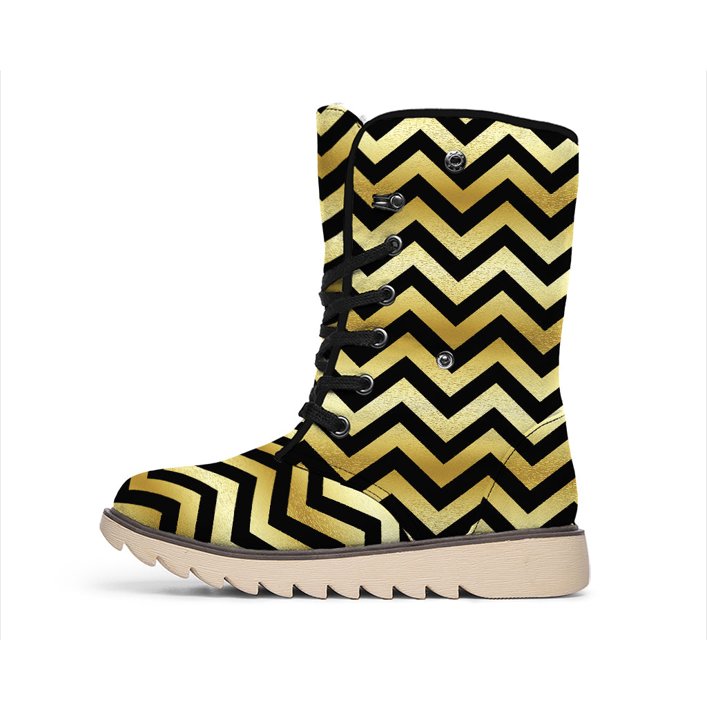 Gold And Black Chevron Pattern Print Winter Boots