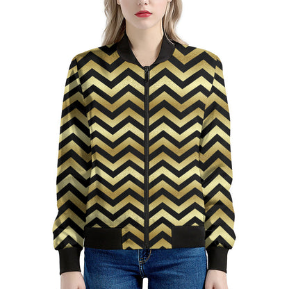 Gold And Black Chevron Pattern Print Women's Bomber Jacket