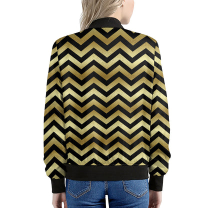 Gold And Black Chevron Pattern Print Women's Bomber Jacket