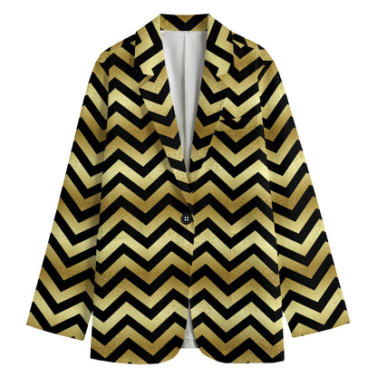 Gold And Black Chevron Pattern Print Women's Cotton Blazer