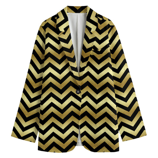 Gold And Black Chevron Pattern Print Women's Cotton Blazer
