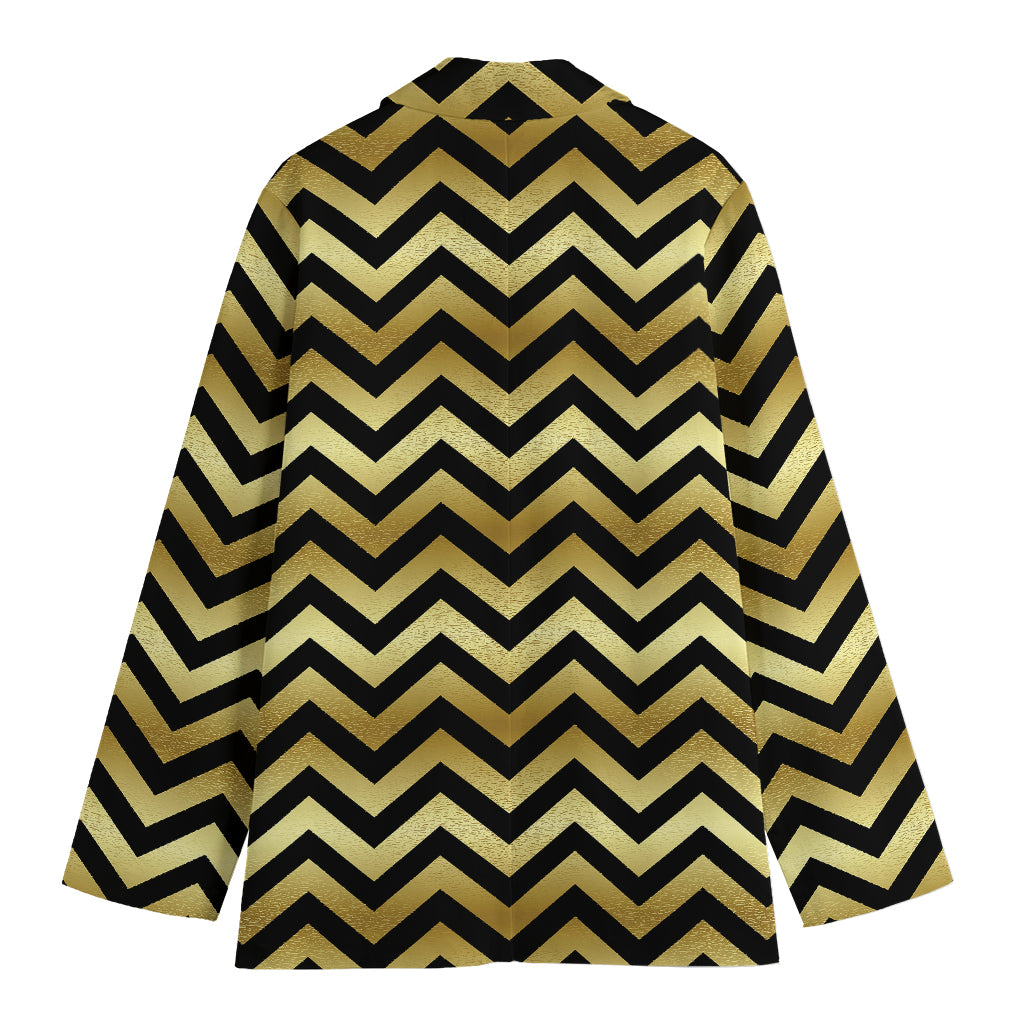 Gold And Black Chevron Pattern Print Women's Cotton Blazer