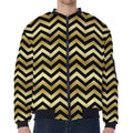 Gold And Black Chevron Pattern Print Zip Sleeve Bomber Jacket
