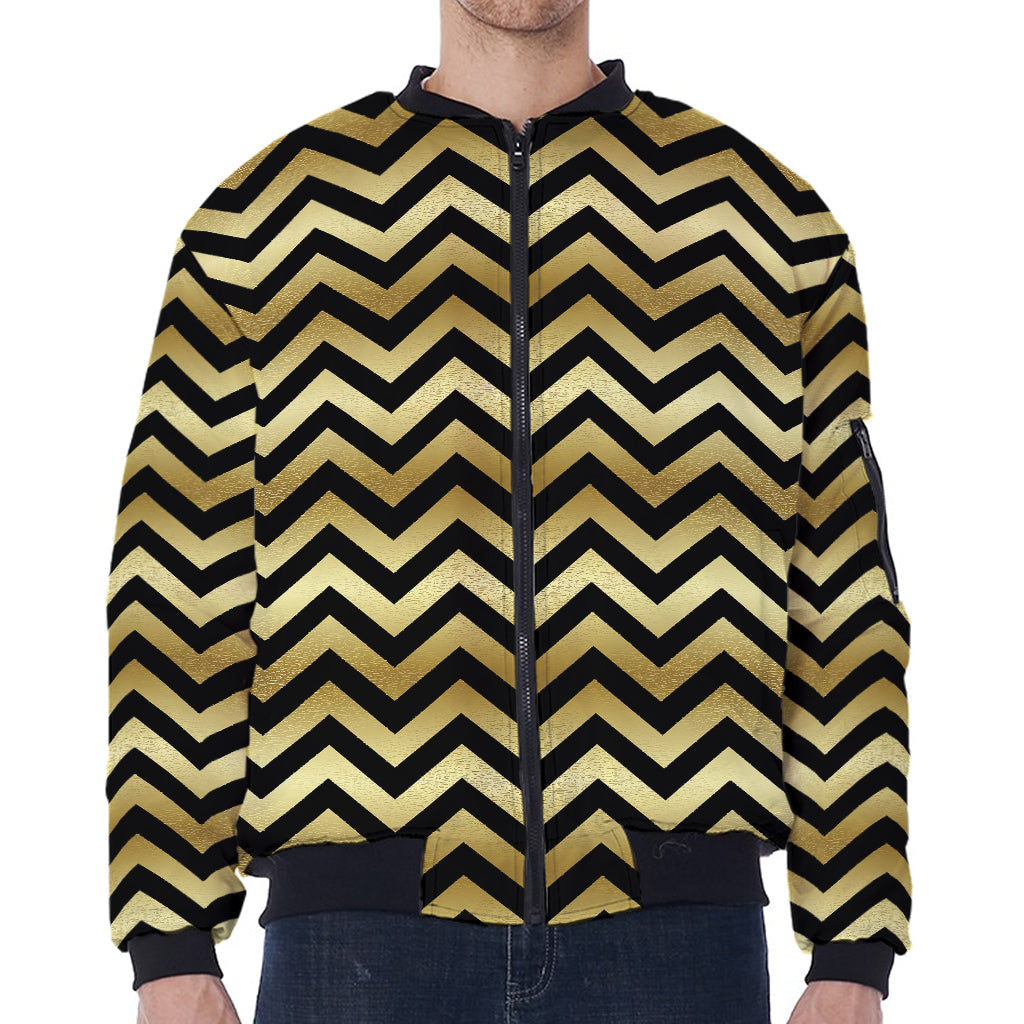 Gold And Black Chevron Pattern Print Zip Sleeve Bomber Jacket