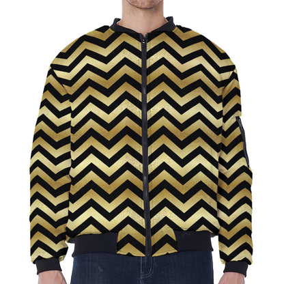 Gold And Black Chevron Pattern Print Zip Sleeve Bomber Jacket