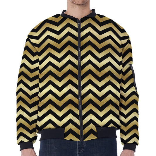 Gold And Black Chevron Pattern Print Zip Sleeve Bomber Jacket