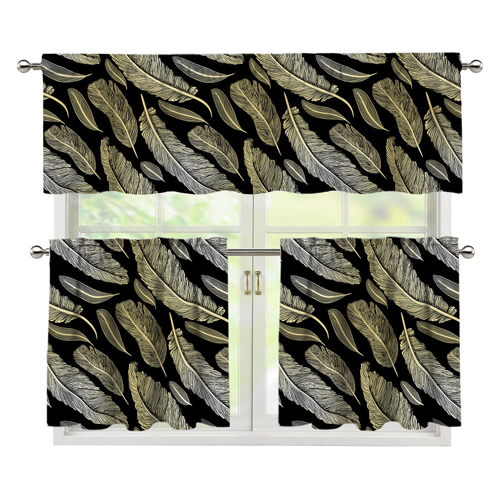 Gold And Black Feather Pattern Print 3 Piece Kitchen Curtains