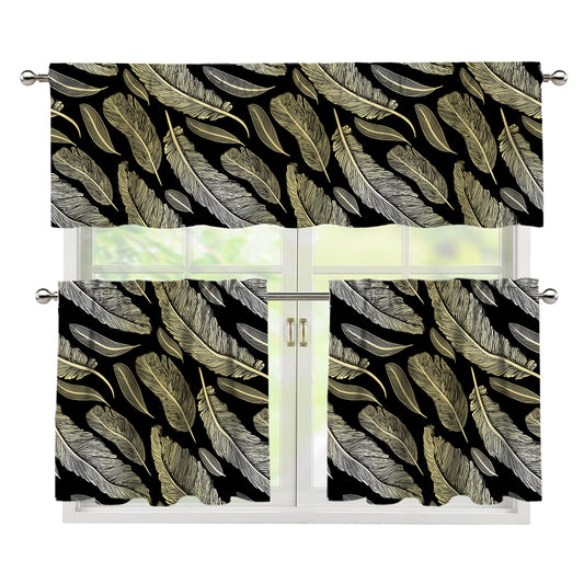 Gold And Black Feather Pattern Print 3 Piece Kitchen Curtains