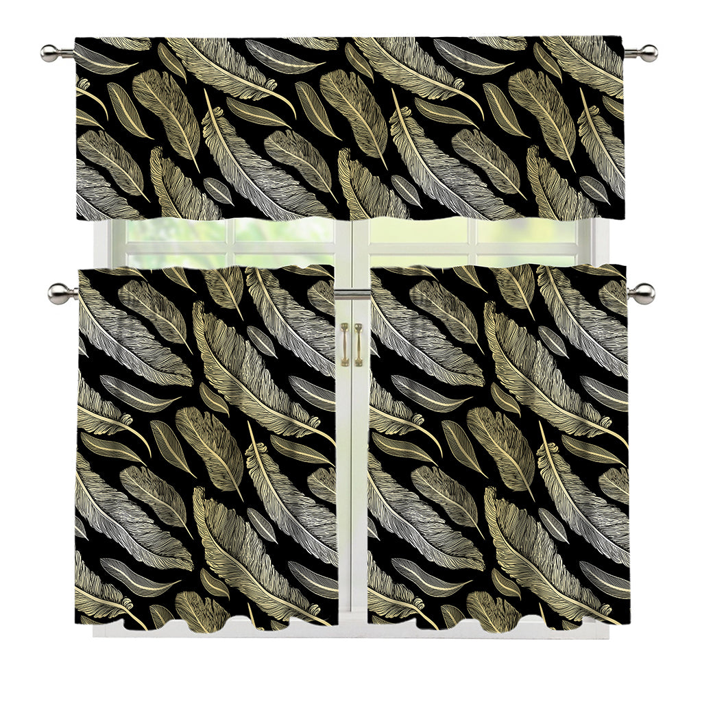 Gold And Black Feather Pattern Print 3 Piece Kitchen Curtains