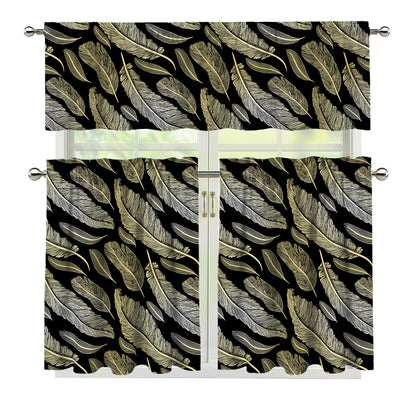 Gold And Black Feather Pattern Print 3 Piece Kitchen Curtains