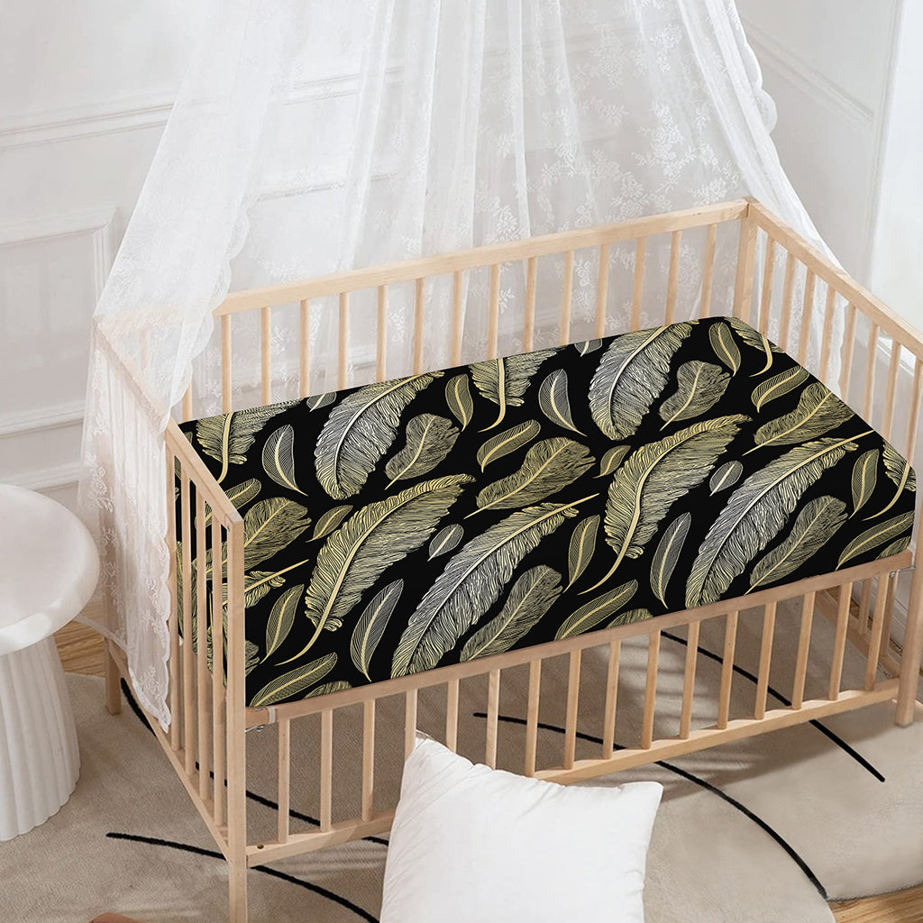 Gold And Black Feather Pattern Print Baby Crib Sheet