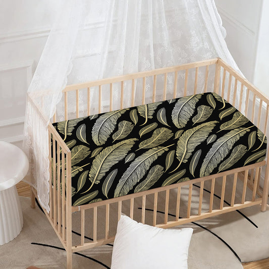 Gold And Black Feather Pattern Print Baby Crib Sheet