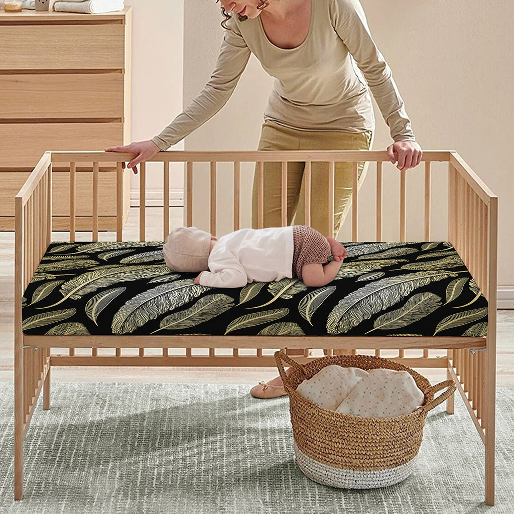Gold And Black Feather Pattern Print Baby Crib Sheet