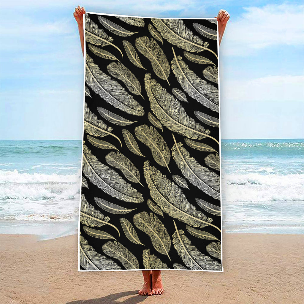 Gold And Black Feather Pattern Print Beach Towel