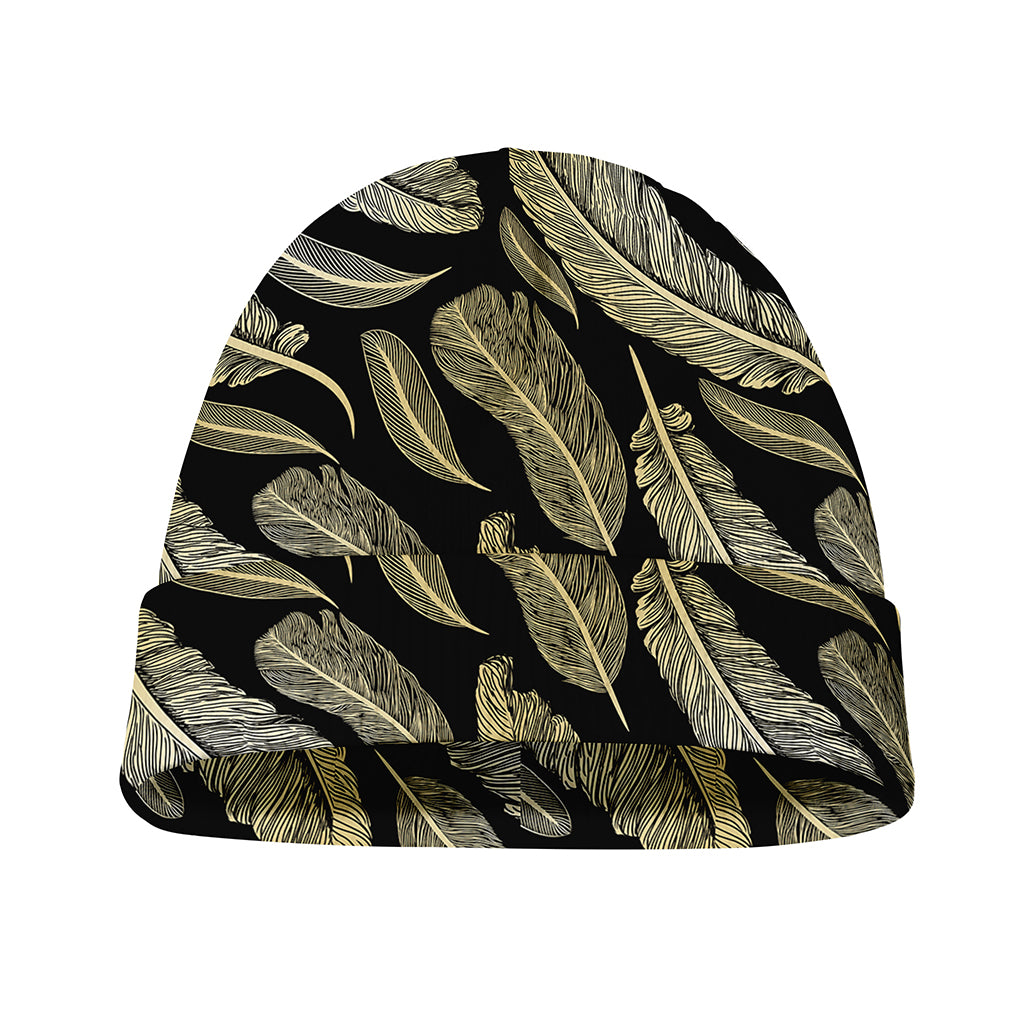 Gold And Black Feather Pattern Print Beanie