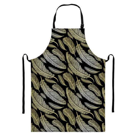 Gold And Black Feather Pattern Print Bib Apron With Pocket