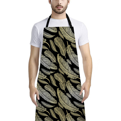 Gold And Black Feather Pattern Print Bib Apron With Pocket