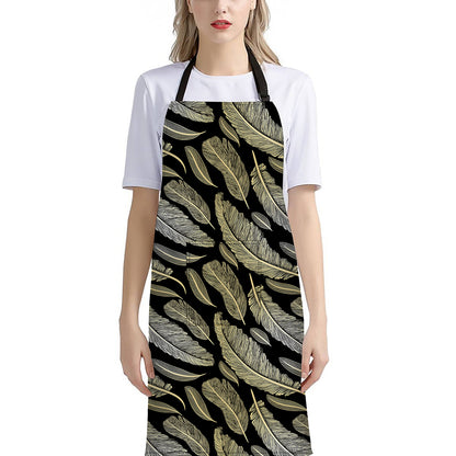 Gold And Black Feather Pattern Print Bib Apron With Pocket