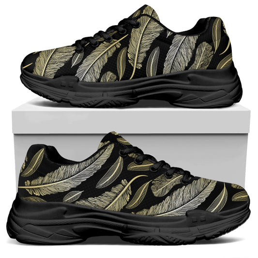 Gold And Black Feather Pattern Print Black Chunky Shoes