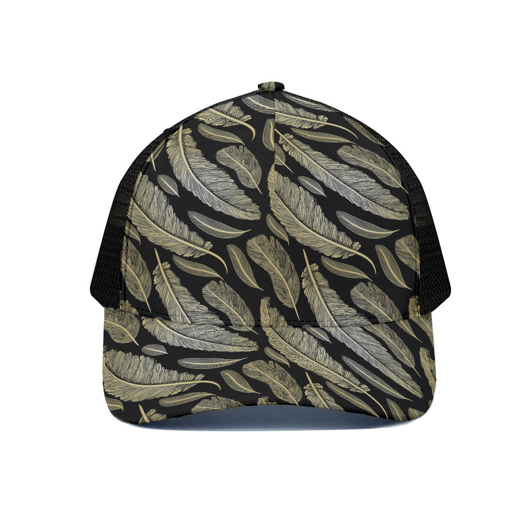 Gold And Black Feather Pattern Print Black Mesh Trucker Cap