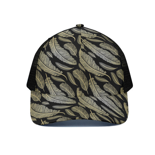 Gold And Black Feather Pattern Print Black Mesh Trucker Cap