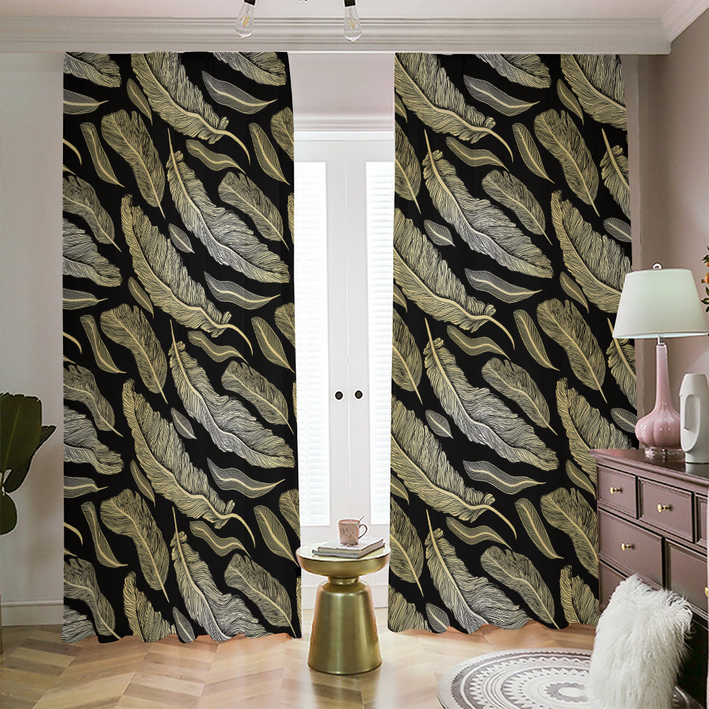 Gold And Black Feather Pattern Print Blackout Pencil Pleat Curtains