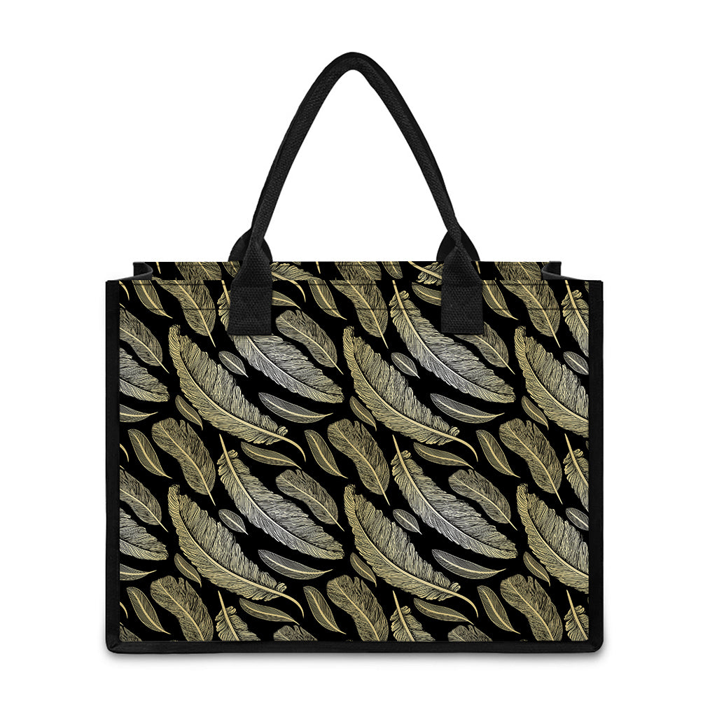 Gold And Black Feather Pattern Print Canvas Tote Bag