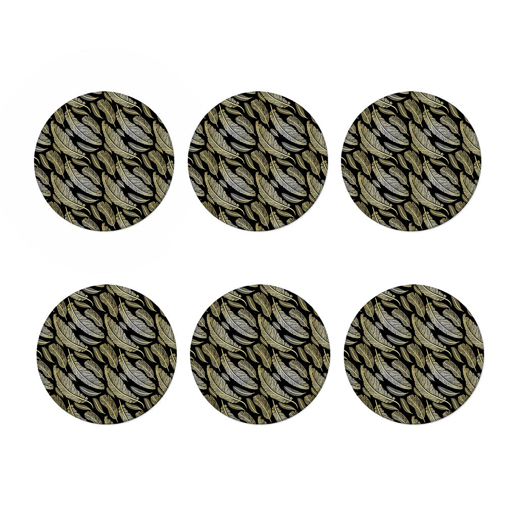 Gold And Black Feather Pattern Print Coaster Set