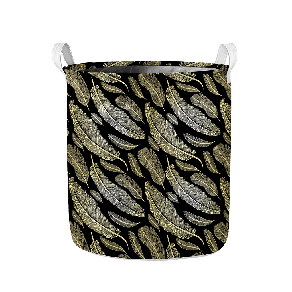 Gold And Black Feather Pattern Print Collapsible Laundry Basket