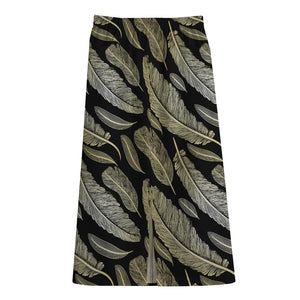 Gold And Black Feather Pattern Print Cotton Front Slit Maxi Skirt