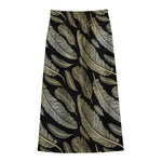 Gold And Black Feather Pattern Print Cotton Front Slit Maxi Skirt