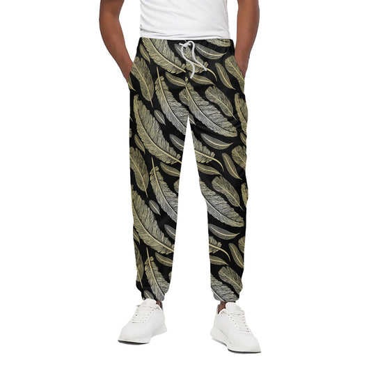 Gold And Black Feather Pattern Print Cotton Pants