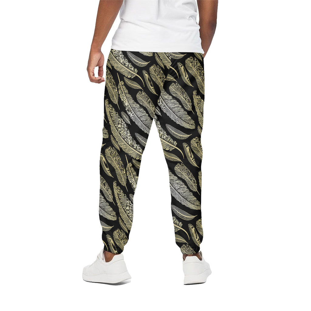 Gold And Black Feather Pattern Print Cotton Pants