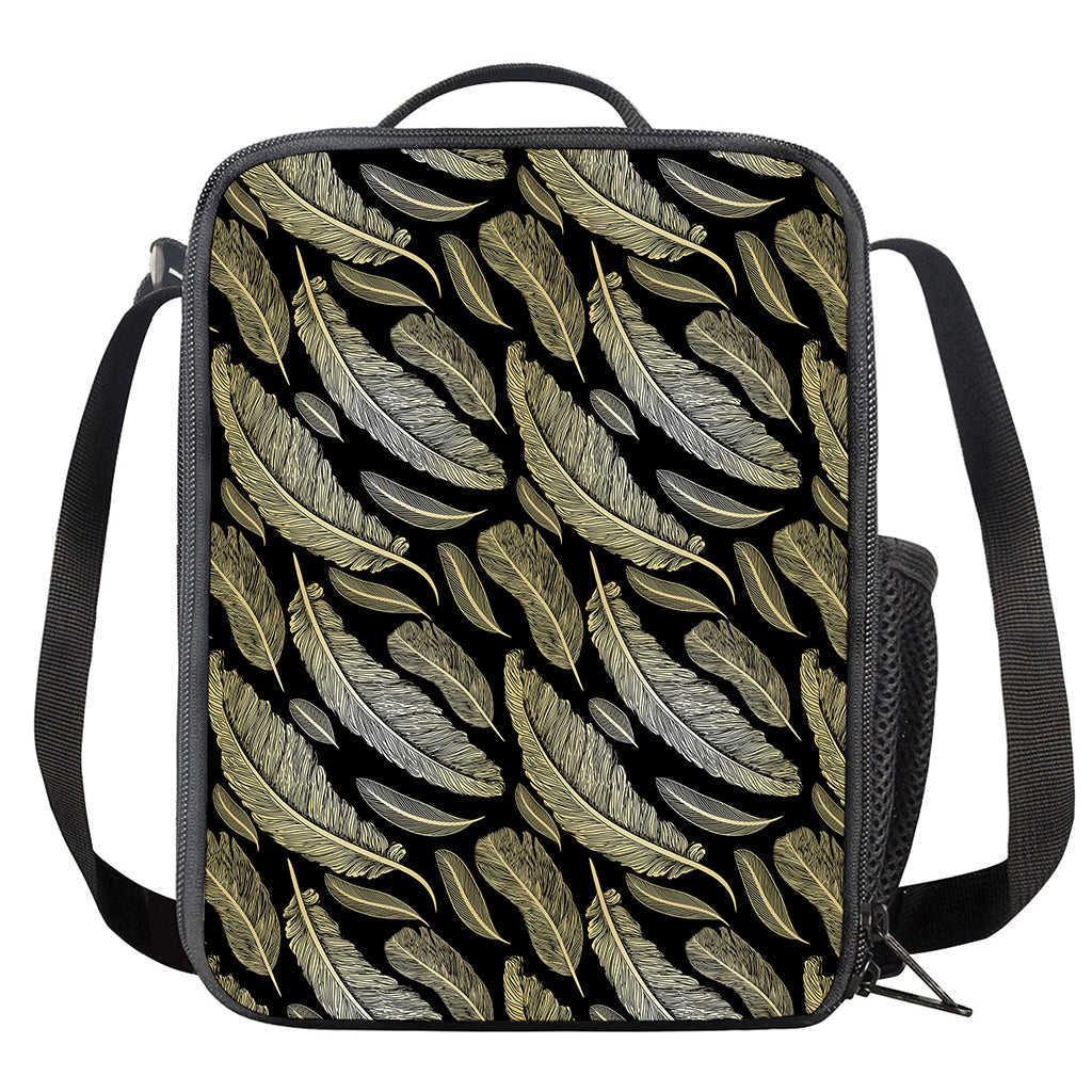 Gold And Black Feather Pattern Print Crossbody Lunch Bag